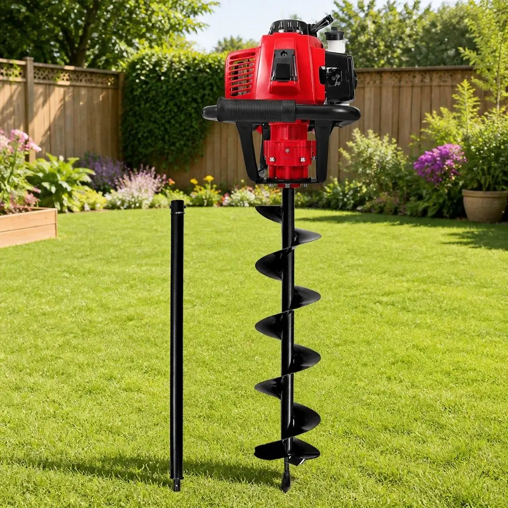 Post Hole Digger Petrol 63cc 200mm Auger Heavy Duty Steel Red Black