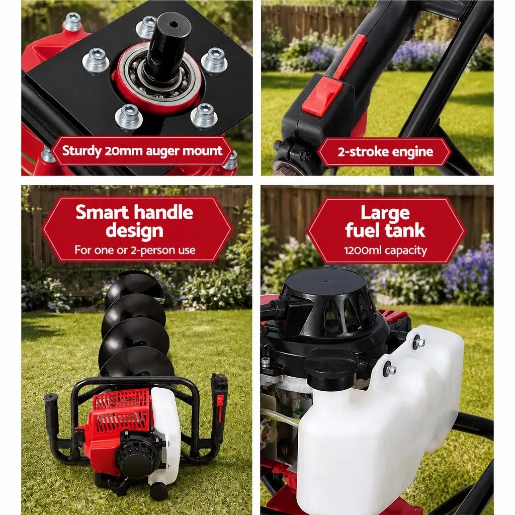 Post Hole Digger Petrol 63cc 200mm Auger Heavy Duty Steel Red Black