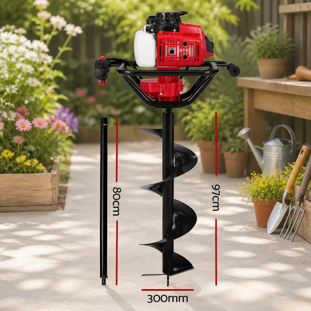Post Hole Digger Petrol 63cc 300mm Auger Heavy Duty Steel Red Black