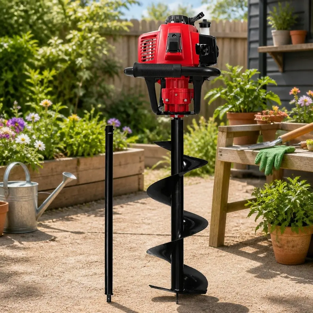 Post Hole Digger Petrol 63cc 300mm Auger Heavy Duty Steel Red Black