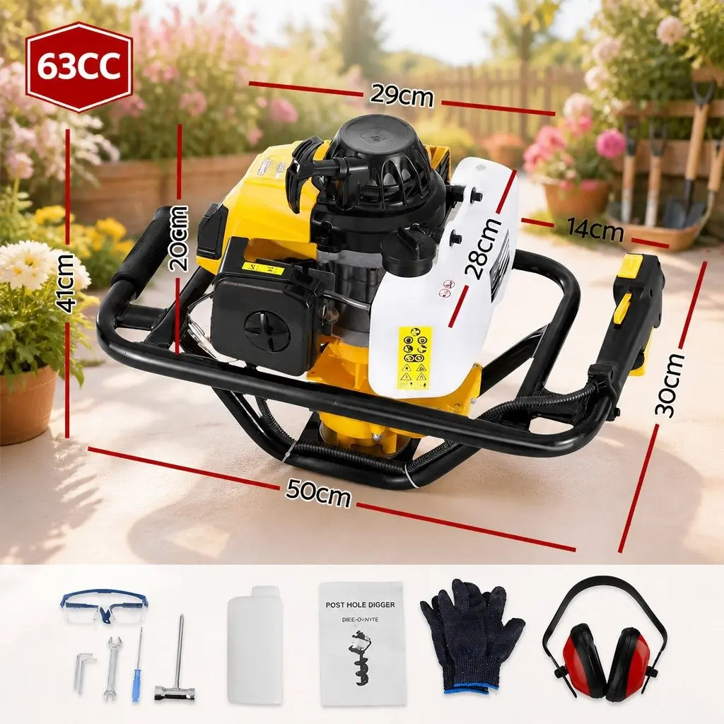 Post Hole Digger Petrol Engine 63CC Heavy Duty Yellow 2-Stroke Single Cylinder for Drilling and Ground Boring Tasks