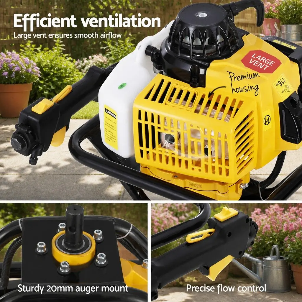 Post Hole Digger Petrol Engine 63CC Heavy Duty Yellow 2-Stroke Single Cylinder for Drilling and Ground Boring Tasks