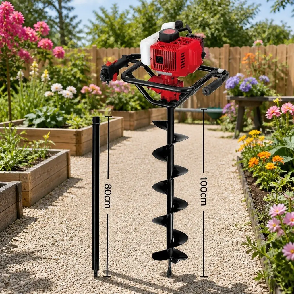 Post Hole Digger 65cc Petrol Auger 200mm Red Black Heavy Duty Steel Construction