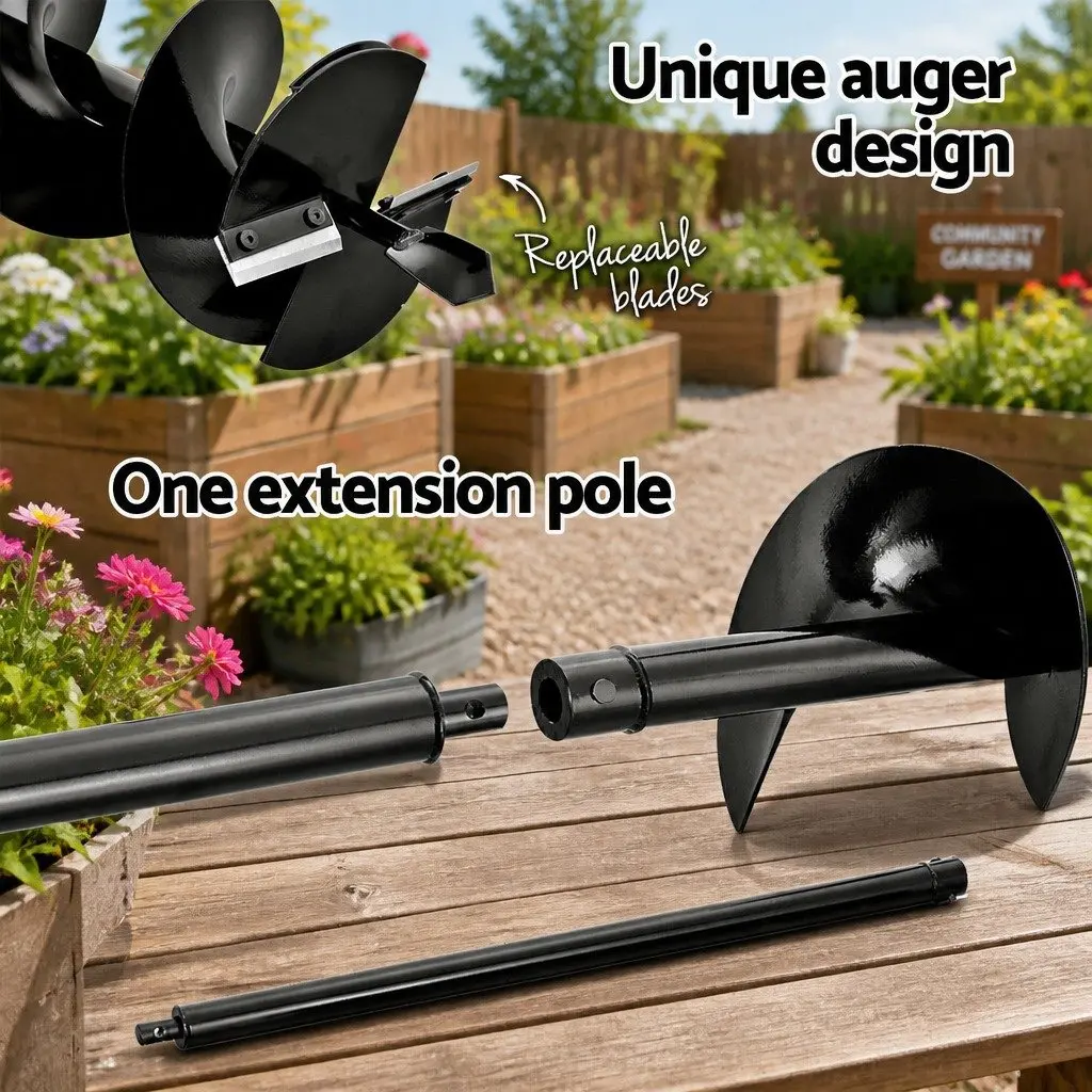 Post Hole Digger 65cc Petrol Auger 200mm Red Black Heavy Duty Steel Construction