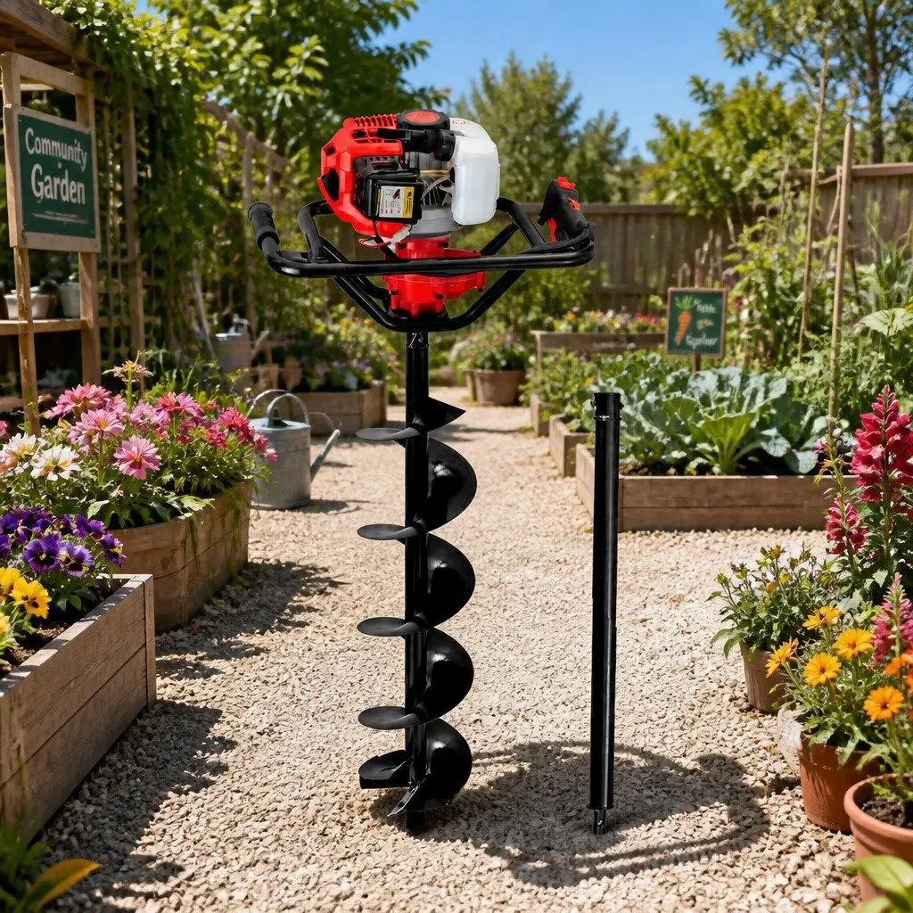Post Hole Digger 65cc Petrol Auger 200mm Red Black Heavy Duty Steel Construction