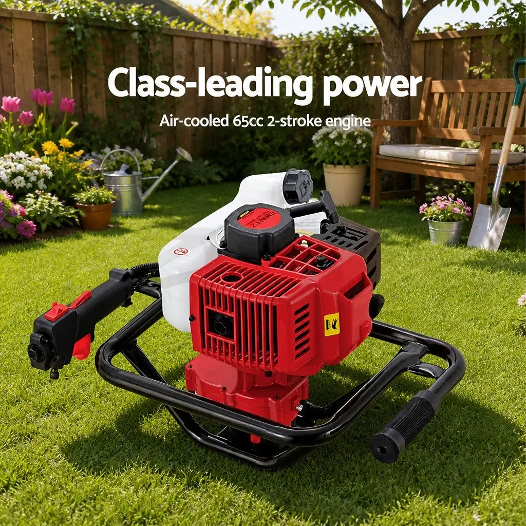 65CC Petrol Post Hole Digger 2-Stroke Engine Red Black with 100mm 200mm 300mm Augers and 60cm 80cm Extension Shafts for Garden Decking Fence