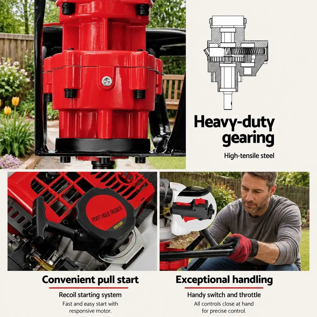 65CC Petrol Post Hole Digger 2-Stroke Engine Red Black with 100mm 200mm 300mm Augers and 60cm 80cm Extension Shafts for Garden Decking Fence
