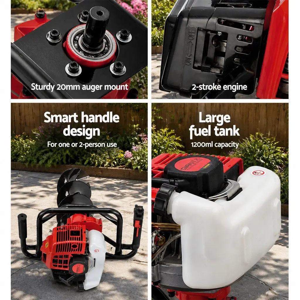 65CC Petrol Post Hole Digger 2-Stroke Engine Red Black with 100mm 200mm 300mm Augers and 60cm 80cm Extension Shafts for Garden Decking Fence