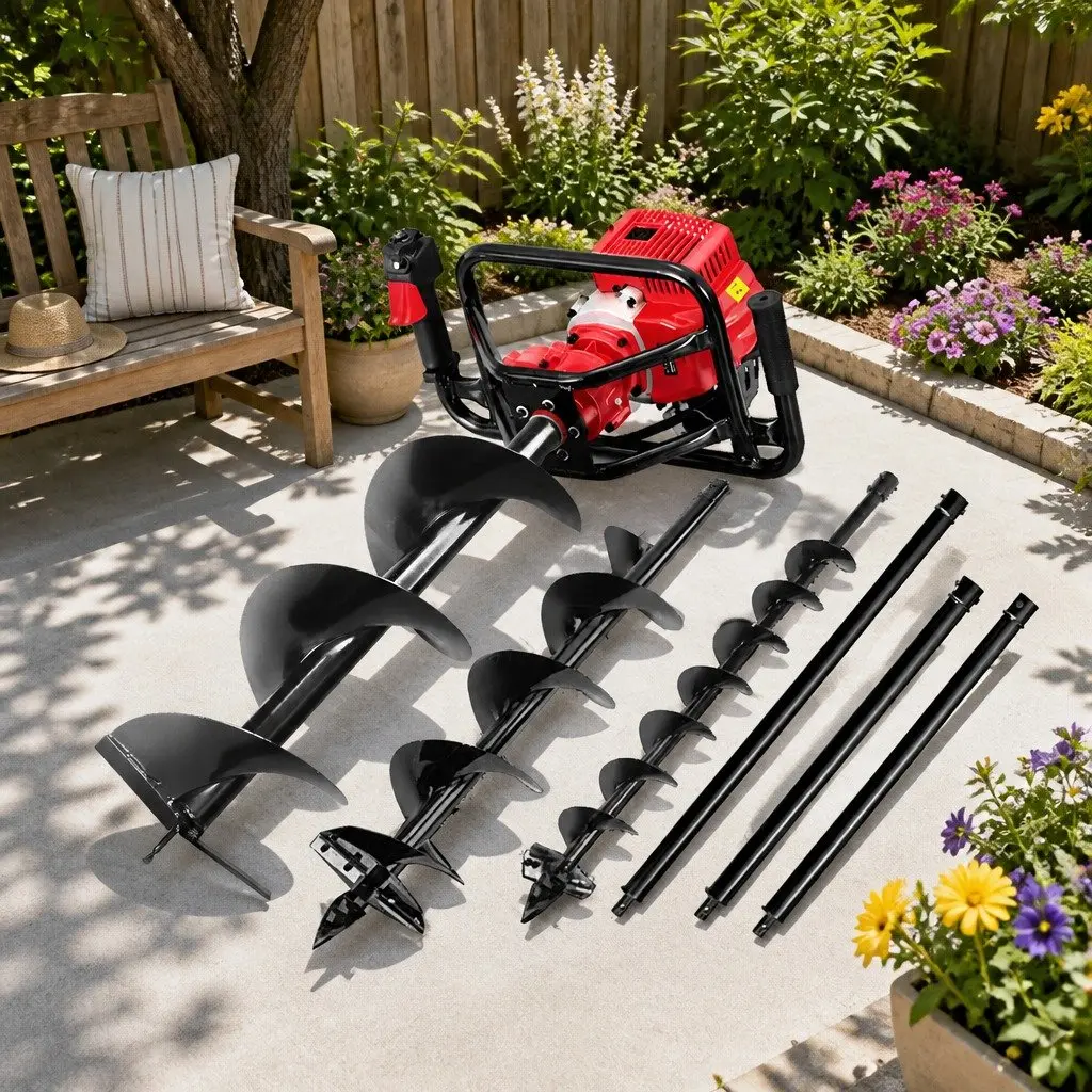 65CC Petrol Post Hole Digger 2-Stroke Engine Red Black with 100mm 200mm 300mm Augers and 60cm 80cm Extension Shafts for Garden Decking Fence