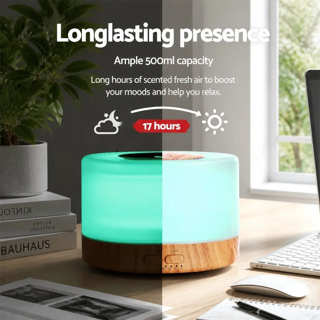 Ultrasonic Aromatherapy Diffuser 500ml Cool Mist Light Wood Remote Control Night Light 4-in-1 Humidifier