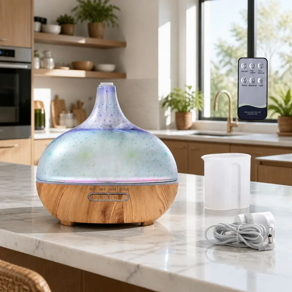 Aroma Diffuser Ultrasonic 400ml Silver with Light Wood Base 3D Light Effect