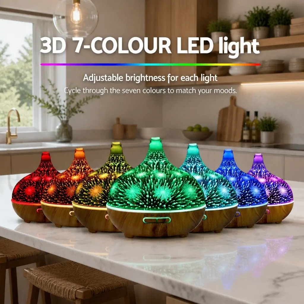 Aroma Diffuser Ultrasonic 400ml Silver with Light Wood Base 3D Light Effect