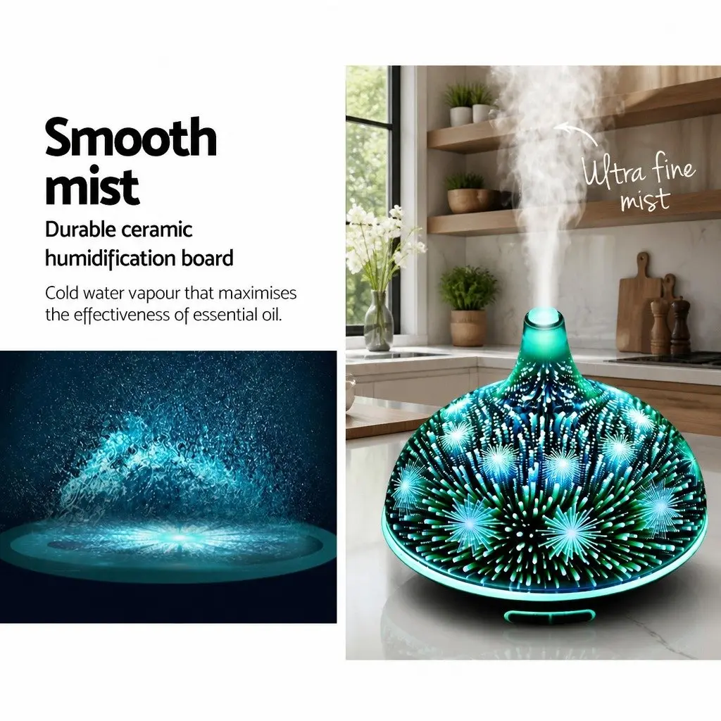 Aroma Diffuser Ultrasonic 400ml Silver with Light Wood Base 3D Light Effect