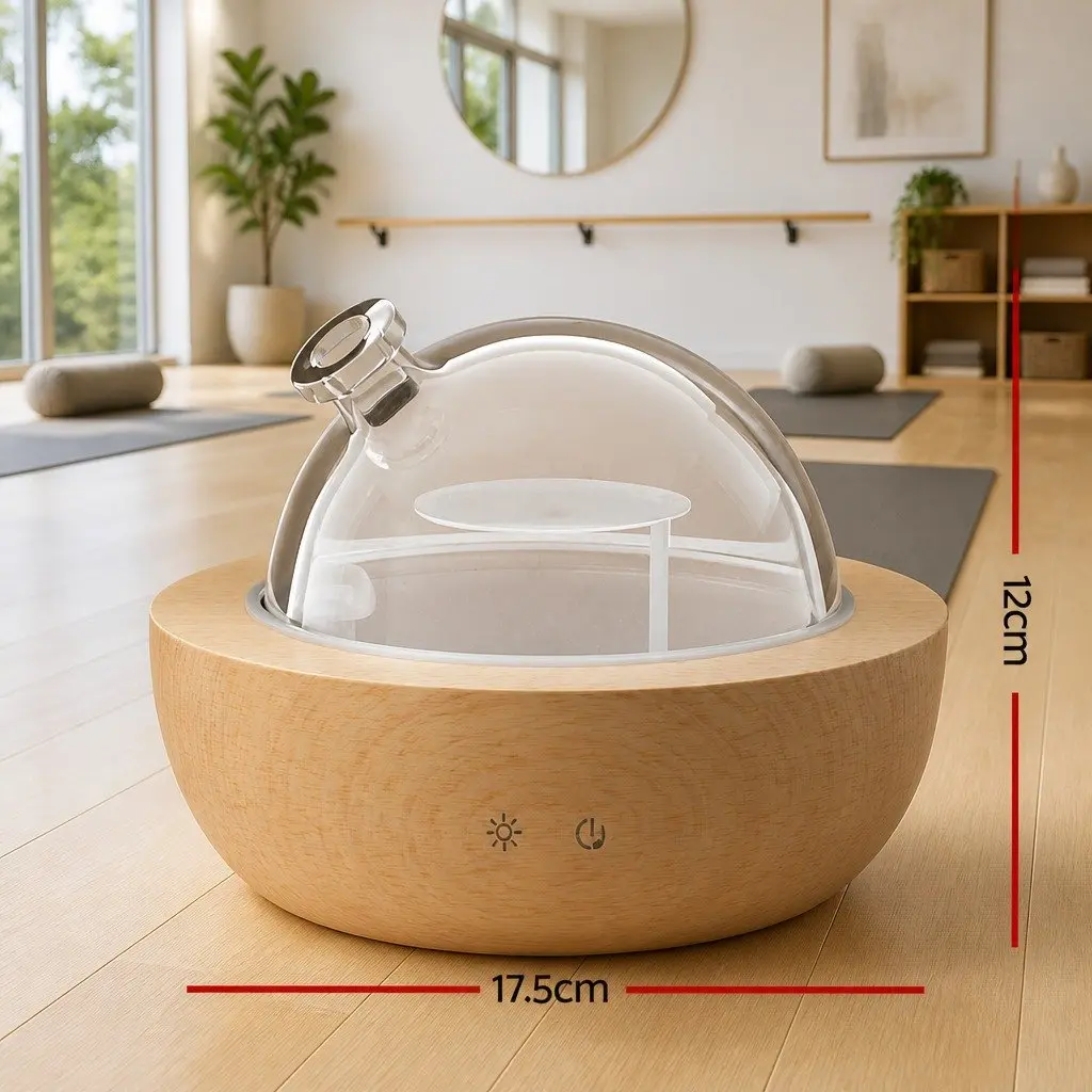 Aroma Diffuser 200ml Glass Dome Ultrasonic Technology Wood Base Light Wood 4in1 Function Night Light