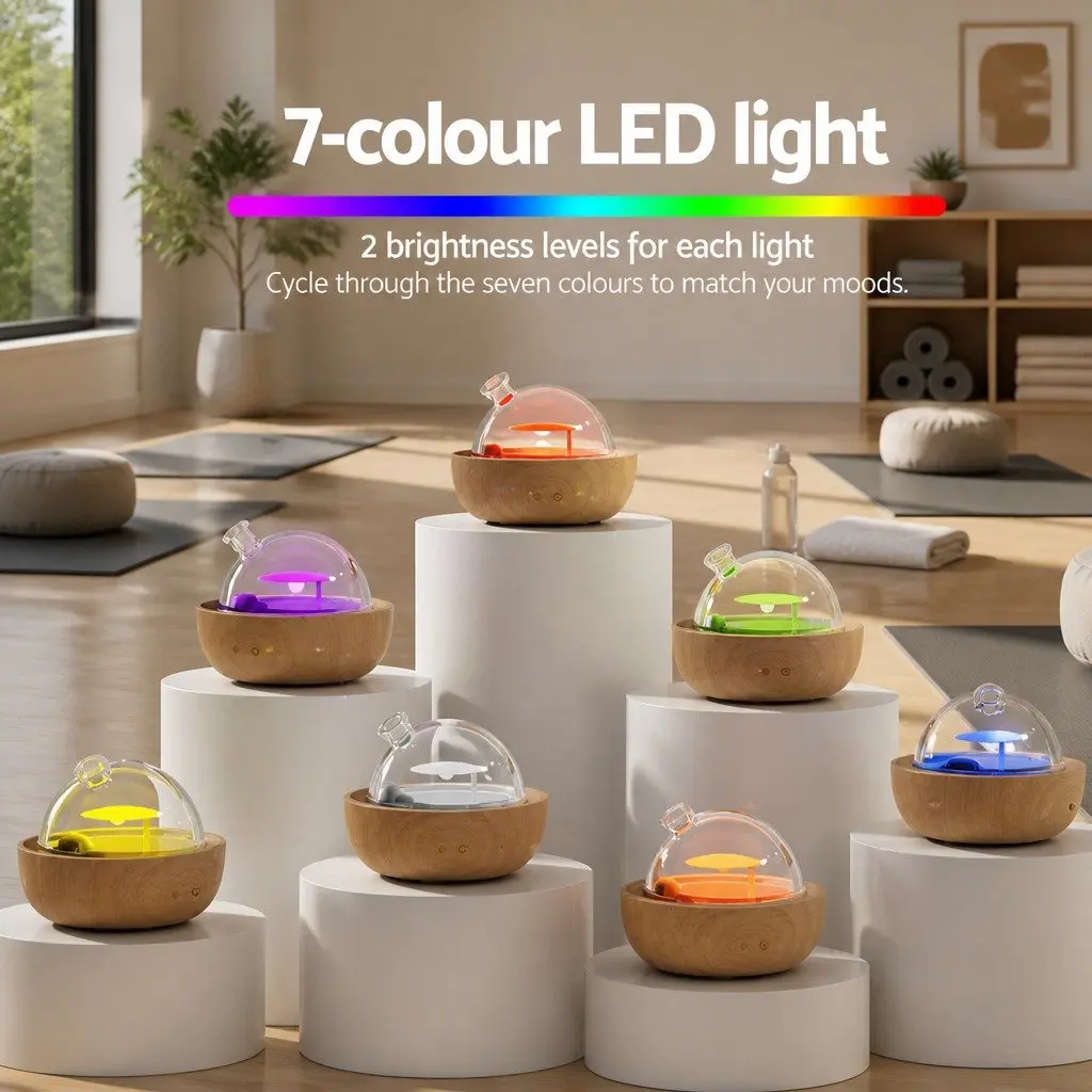Aroma Diffuser 200ml Glass Dome Ultrasonic Technology Wood Base Light Wood 4in1 Function Night Light