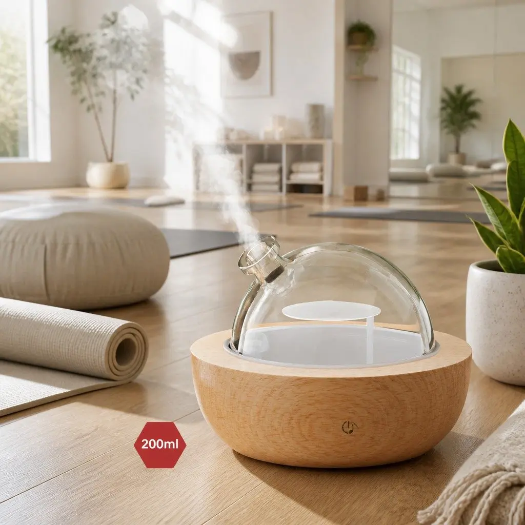 Aroma Diffuser 200ml Glass Dome Ultrasonic Technology Wood Base Light Wood 4in1 Function Night Light