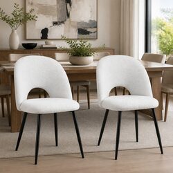 Dining Chair Set of 2 Sherpa Upholstery White Kitchen Seating Curved Backrest