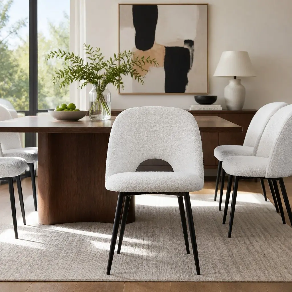 Dining Chair Sherpa Upholstery White Curved Backrest 2 Piece Set