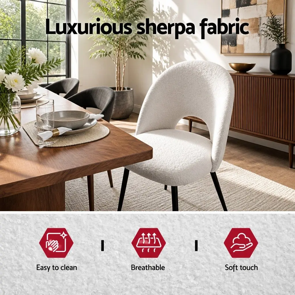 Dining Chair Sherpa Upholstery White Curved Backrest 2 Piece Set