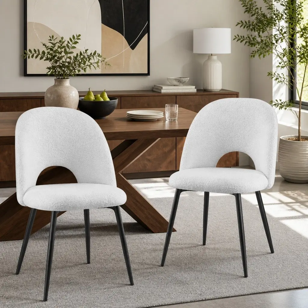 Dining Chair Sherpa Upholstery White Curved Backrest 2 Piece Set
