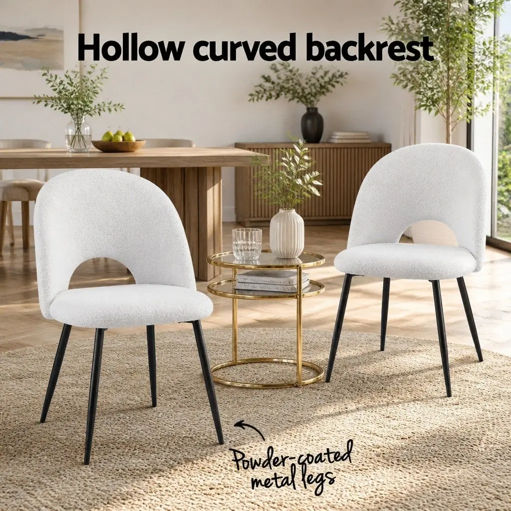 Set of 4 Sherpa Fabric Dining Chairs White Curved Backrest Metal Legs Kitchen Seating