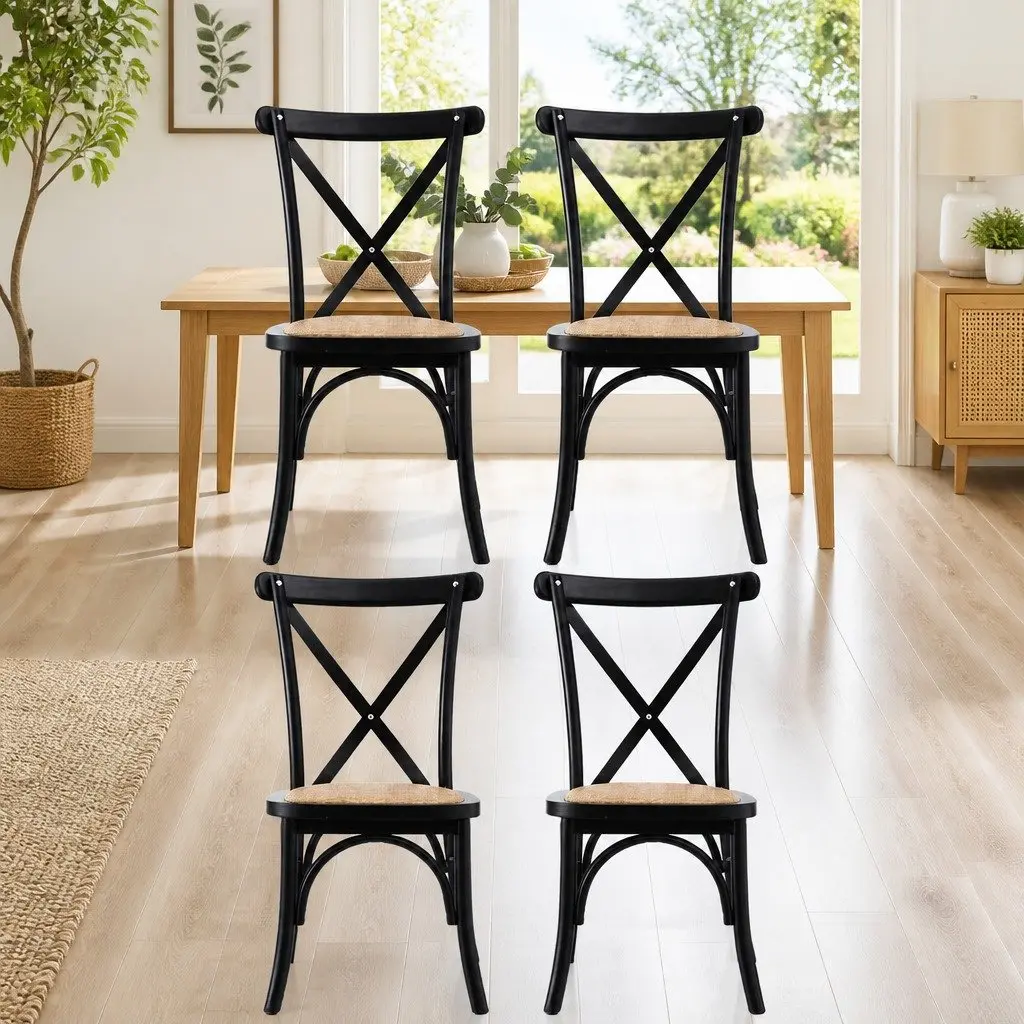 Dining Chairs Rattan Seat Wooden Frame Set of 4 Black