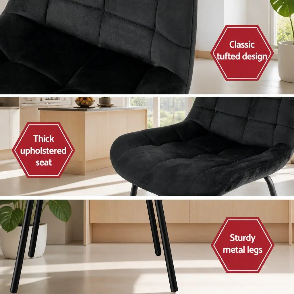 Dining Chairs Velvet Tufted Kitchen Lounge Accent Chair Black Metal Legs Set of