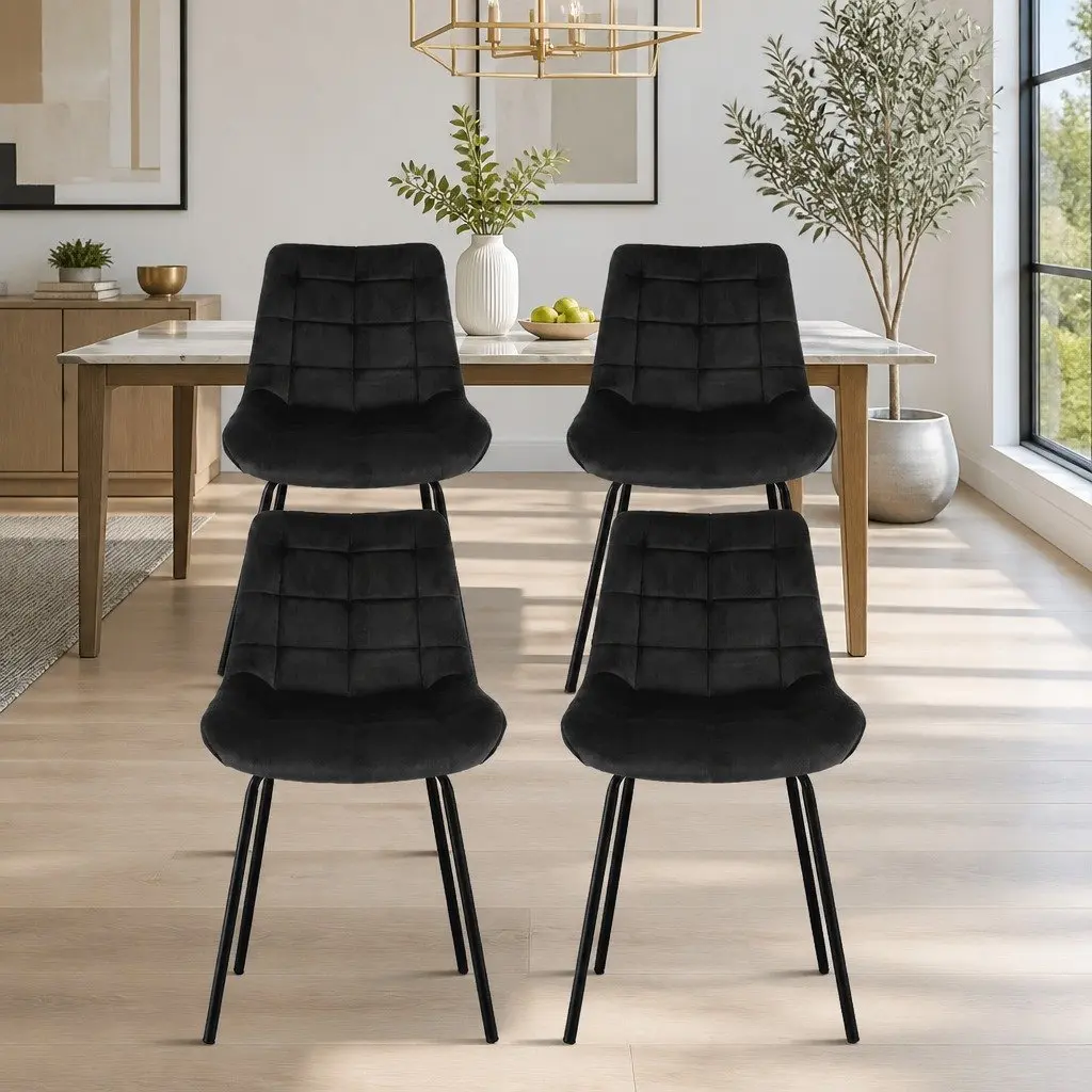 Dining Chairs Velvet Tufted Black Ergonomic Curved Backrest Padded Seat Metal Legs Set of 4