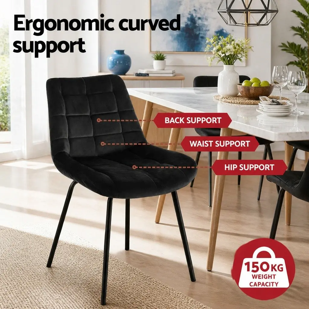 Dining Chairs Velvet Tufted Black Ergonomic Curved Backrest Padded Seat Metal Legs Set of 4