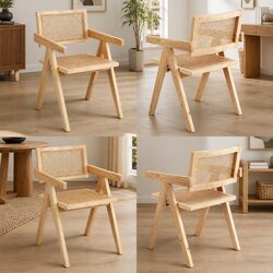 Dining Chairs Set of 4 Wooden Rattan Seat Backrest Armrest Kitchen Lounge