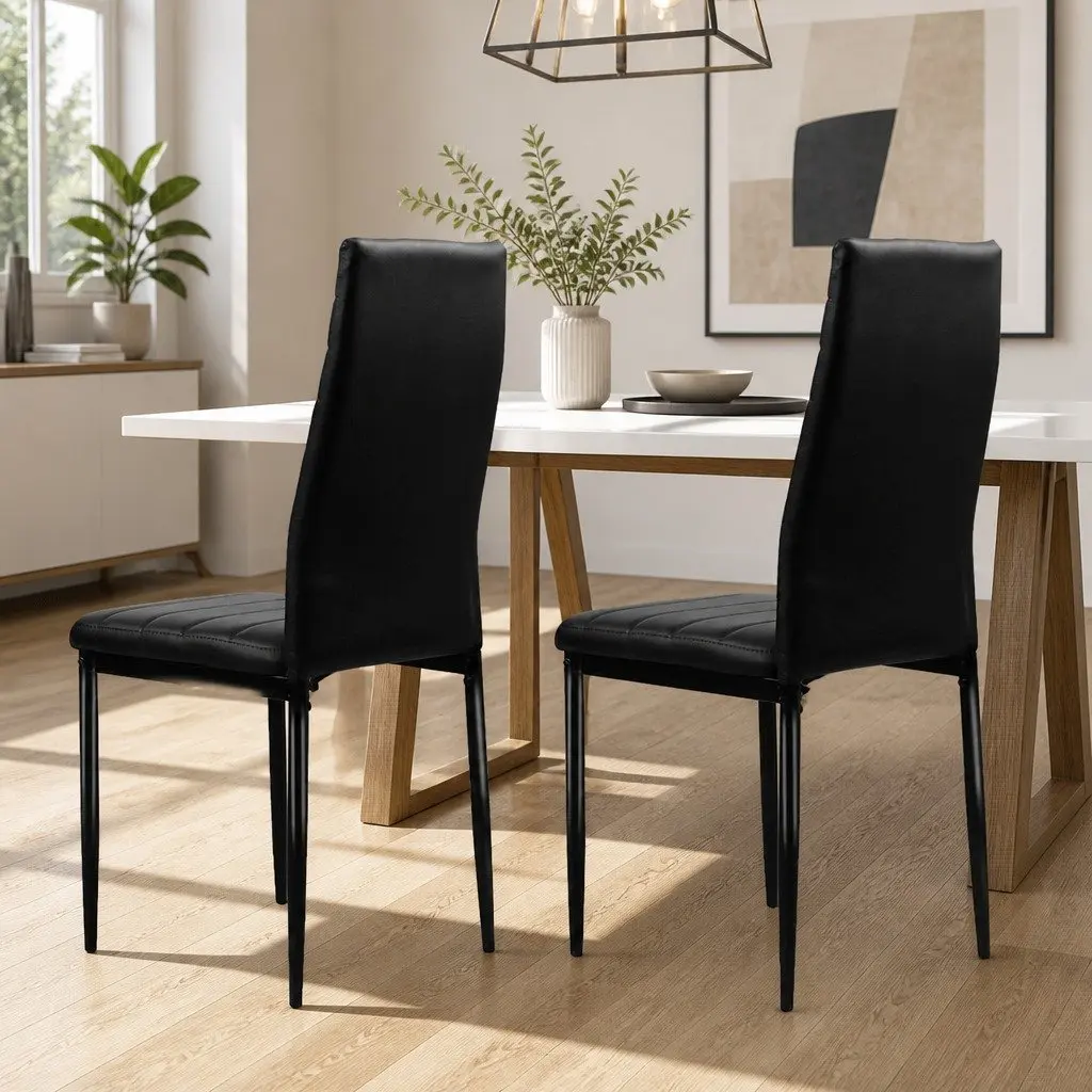Dining Chairs PVC Leather Seat Black Channel Tufted Metal Legs Set of 4