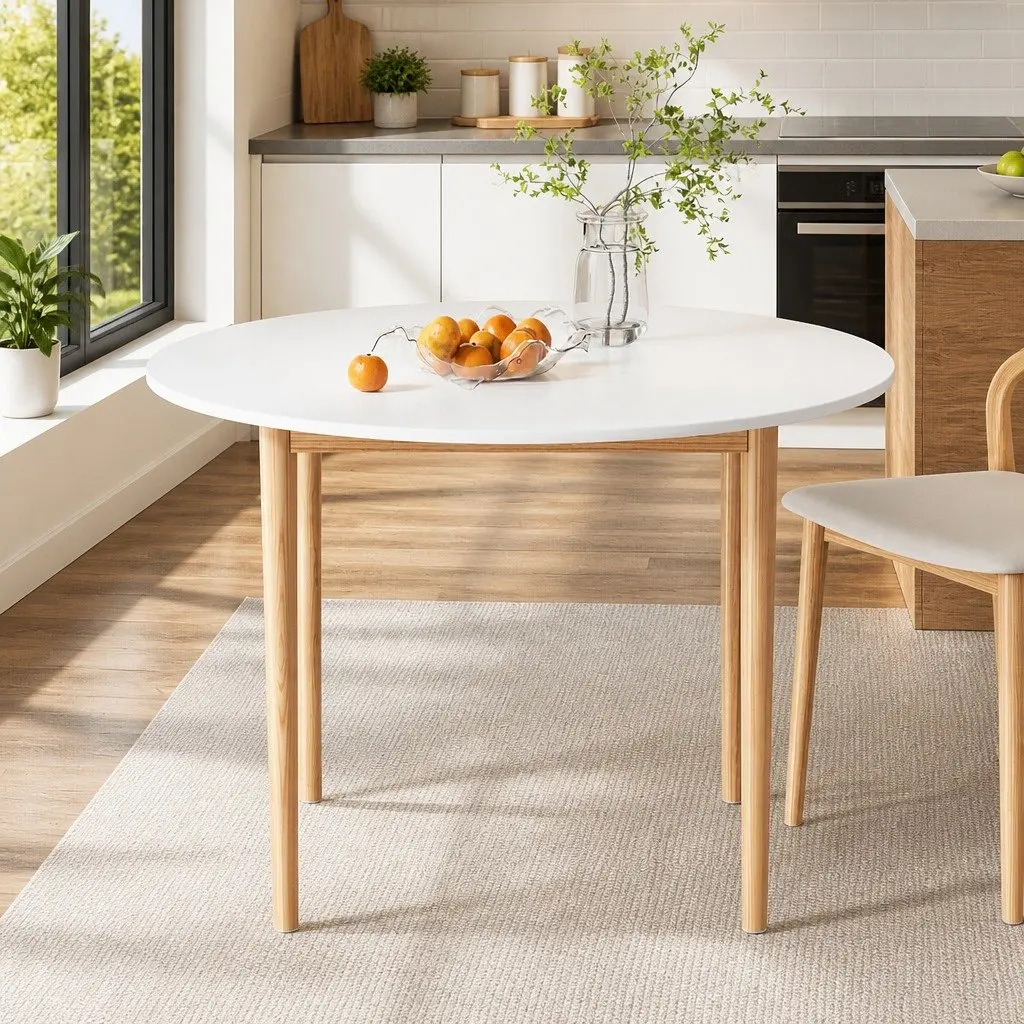 Round Dining Table MDF Board Top 108CM White Natural Pine Wood Legs