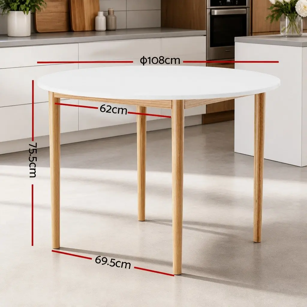 Round Dining Table MDF Board Top 108CM White Natural Pine Wood Legs