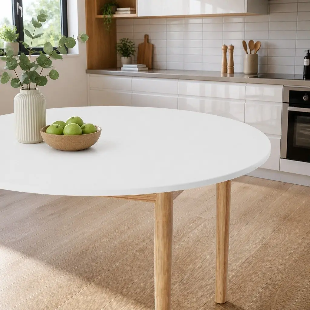 Round Dining Table MDF Board Top 108CM White Natural Pine Wood Legs