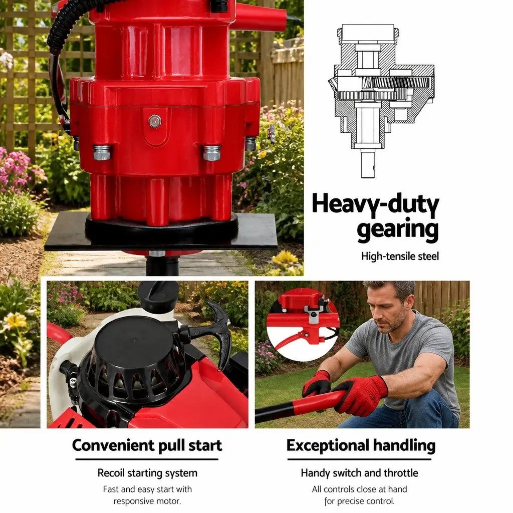 Post Hole Digger Petrol 63cc Engine 200mm Auger Red Black