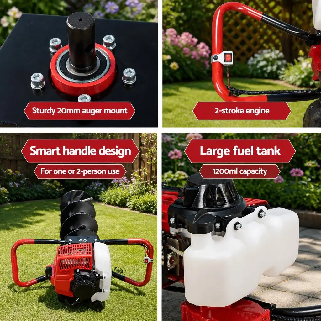 Post Hole Digger Petrol 63cc Engine 200mm Auger Red Black