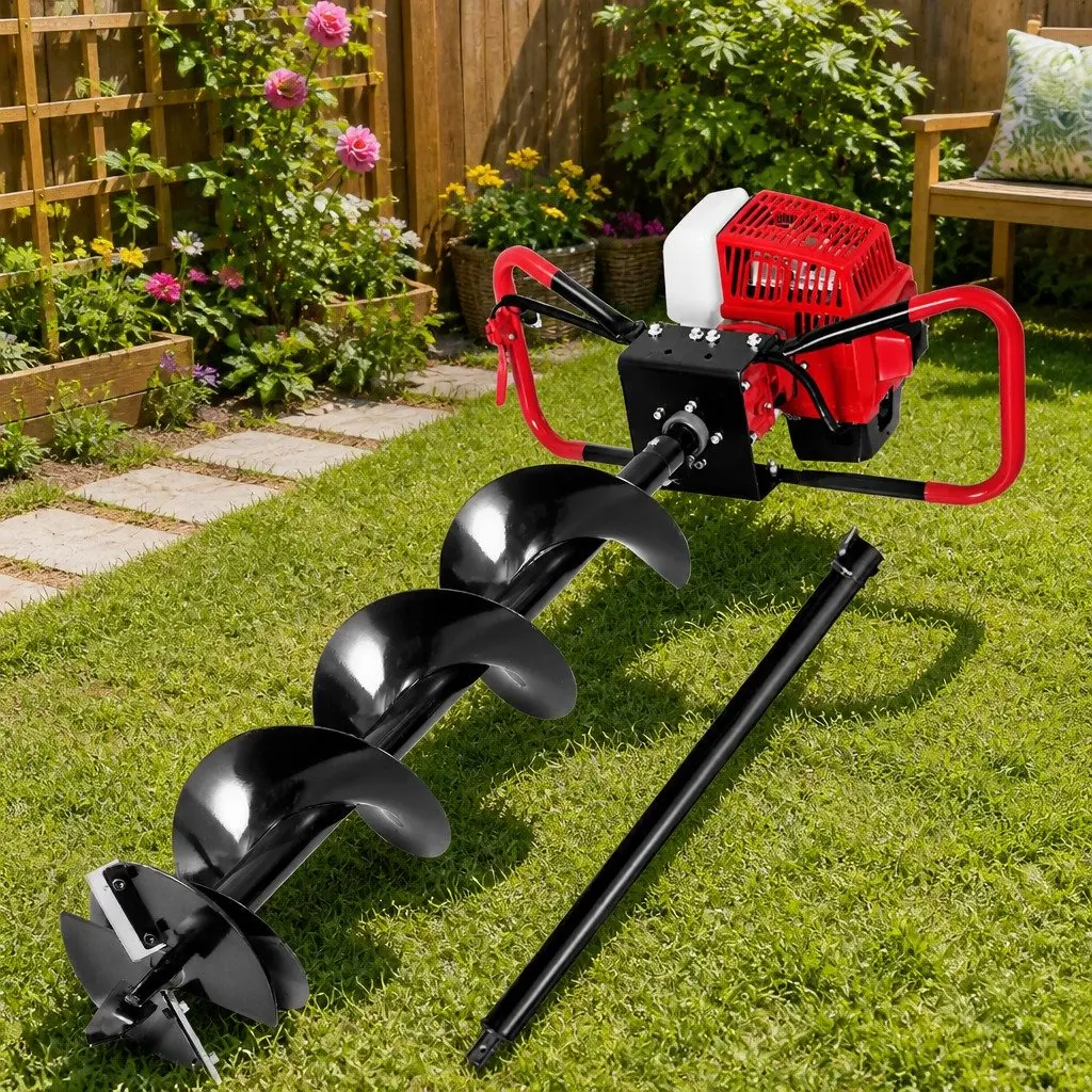 Post Hole Digger Petrol 63cc Engine 200mm Auger Red Black