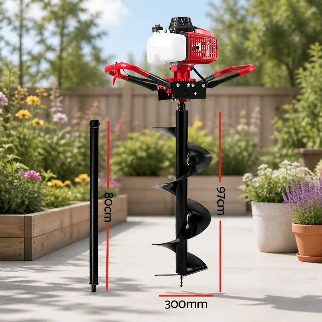 Post Hole Digger Petrol Engine 63cc 300mm Auger Heavy Duty Steel Red Black