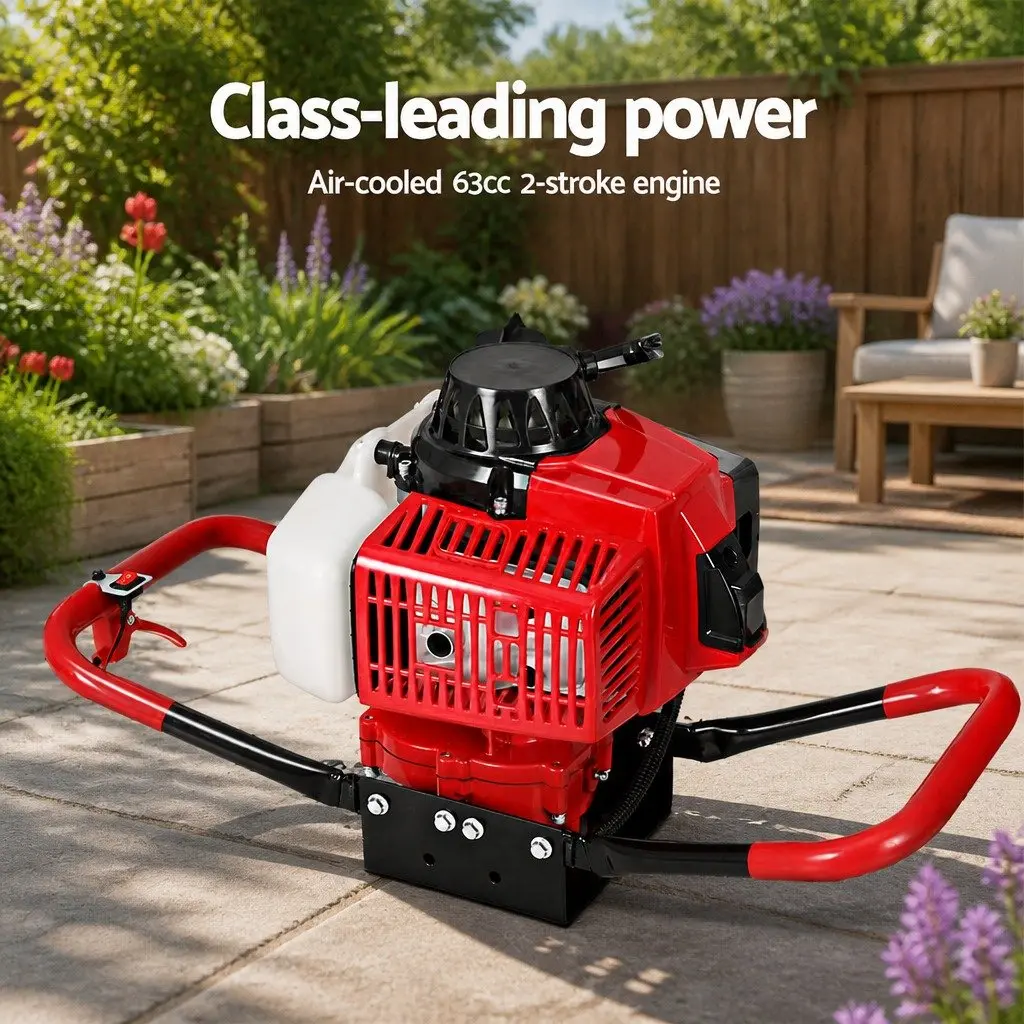 Post Hole Digger Petrol Engine 63cc 300mm Auger Heavy Duty Steel Red Black