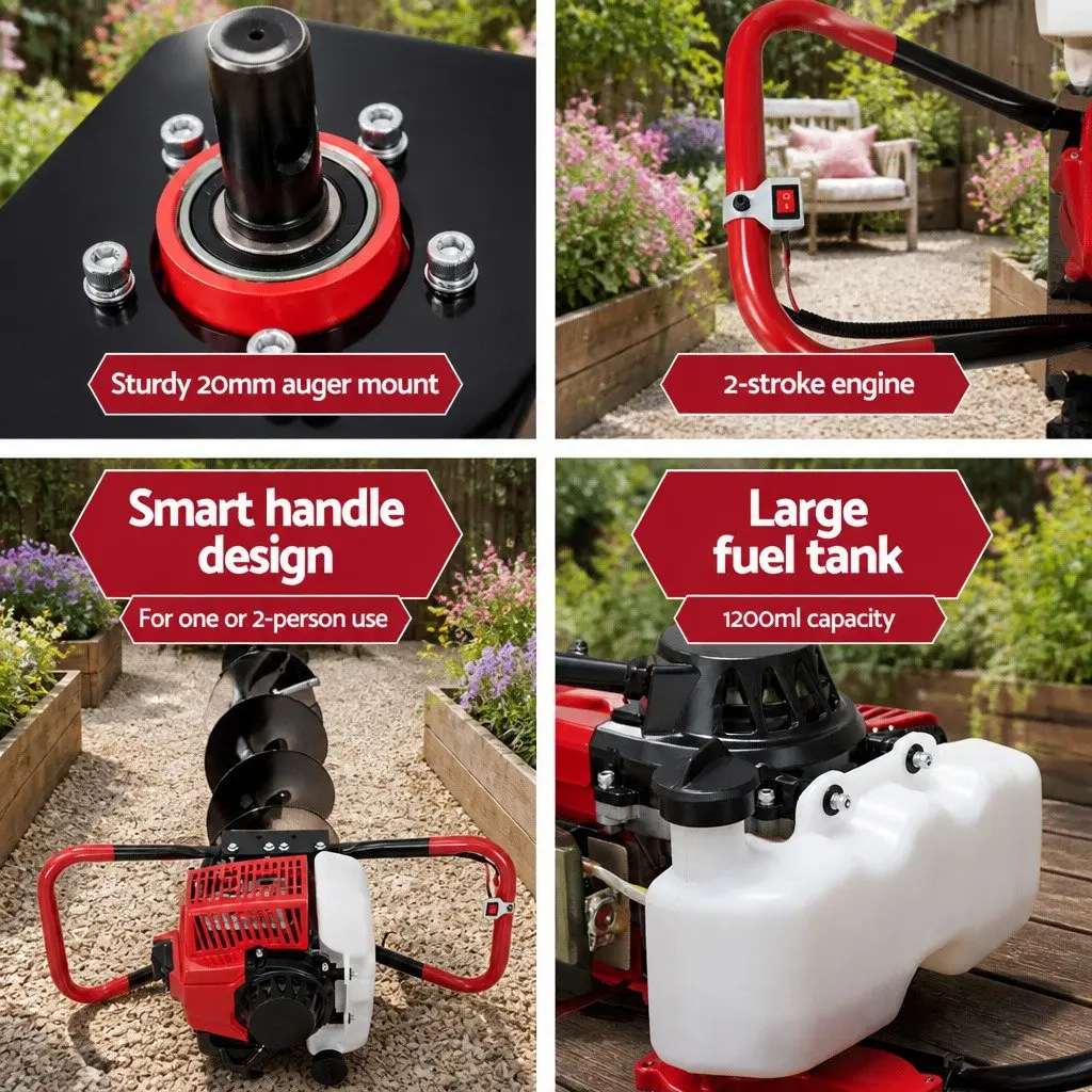 Post Hole Digger Petrol Engine 63cc 300mm Auger Heavy Duty Steel Red Black