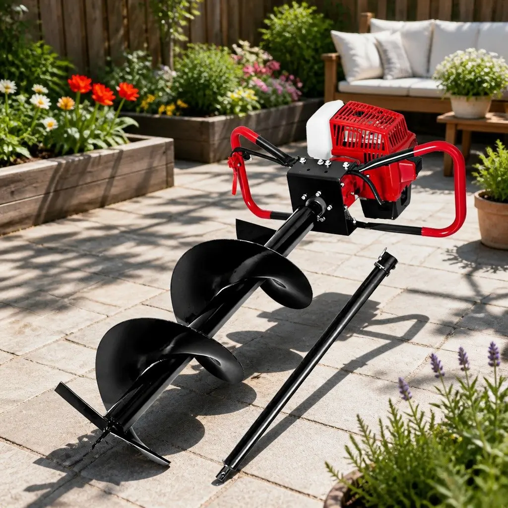 Post Hole Digger Petrol Engine 63cc 300mm Auger Heavy Duty Steel Red Black