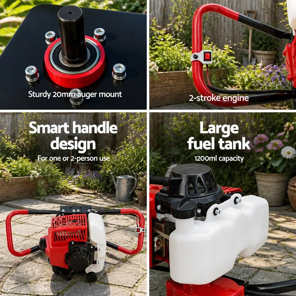 Post Hole Digger Petrol 63cc 2-Stroke Engine Motor Red Black