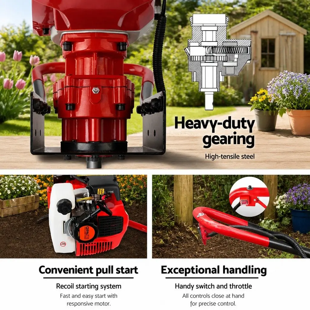 Post Hole Digger Petrol Powered 200mm Auger 65cc Red Black