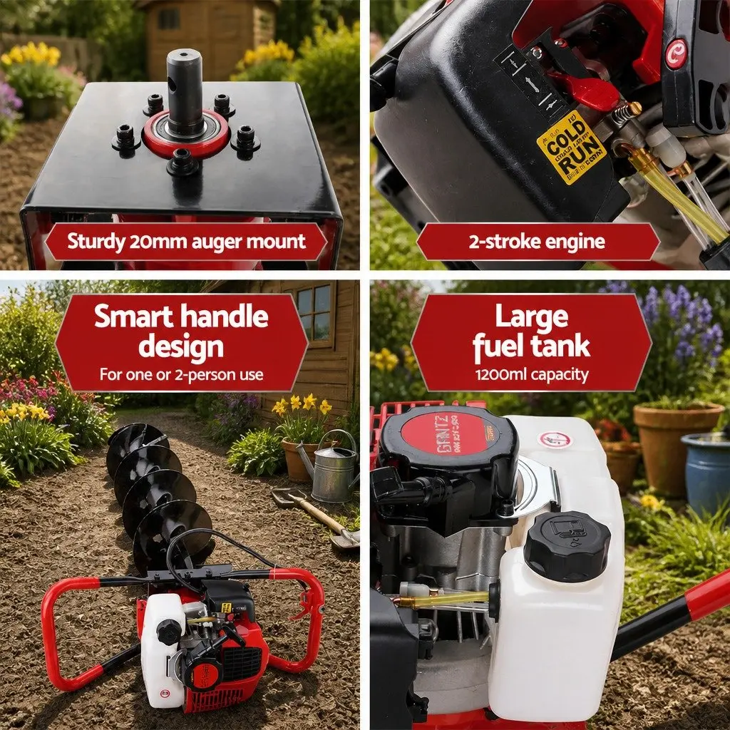 Post Hole Digger Petrol Powered 200mm Auger 65cc Red Black