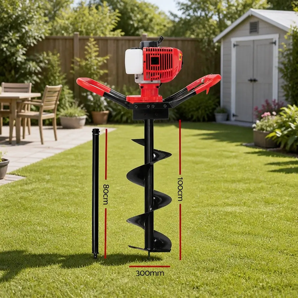 Post Hole Digger 300mm Auger Heavy-Duty Steel 65cc Petrol Engine Red and Black