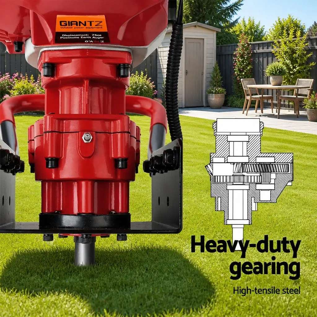 Post Hole Digger 300mm Auger Heavy-Duty Steel 65cc Petrol Engine Red and Black