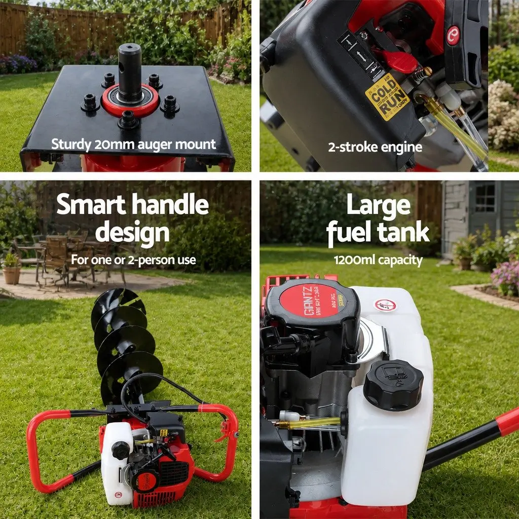 Post Hole Digger 300mm Auger Heavy-Duty Steel 65cc Petrol Engine Red and Black