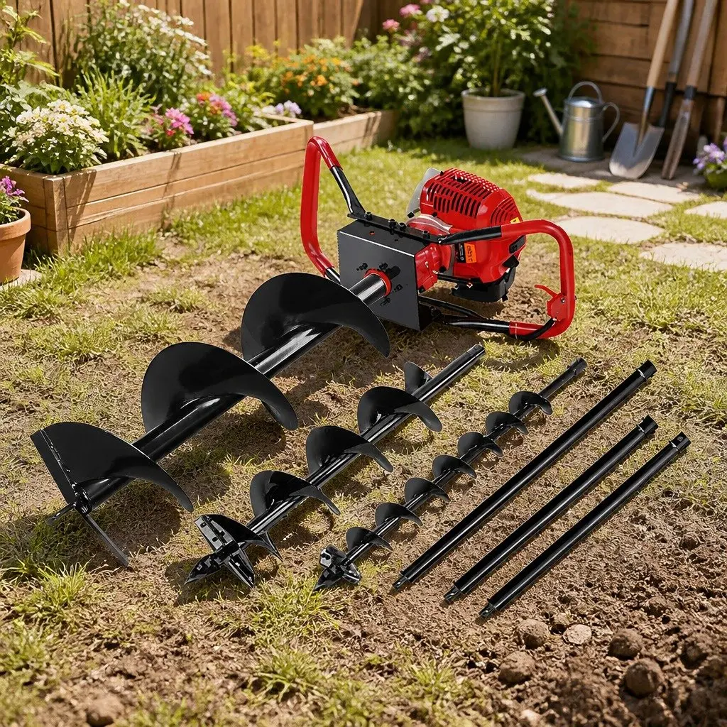 Post Hole Digger Petrol Powered 65cc 2-Stroke Engine with Auger Kit and Extension Red Black