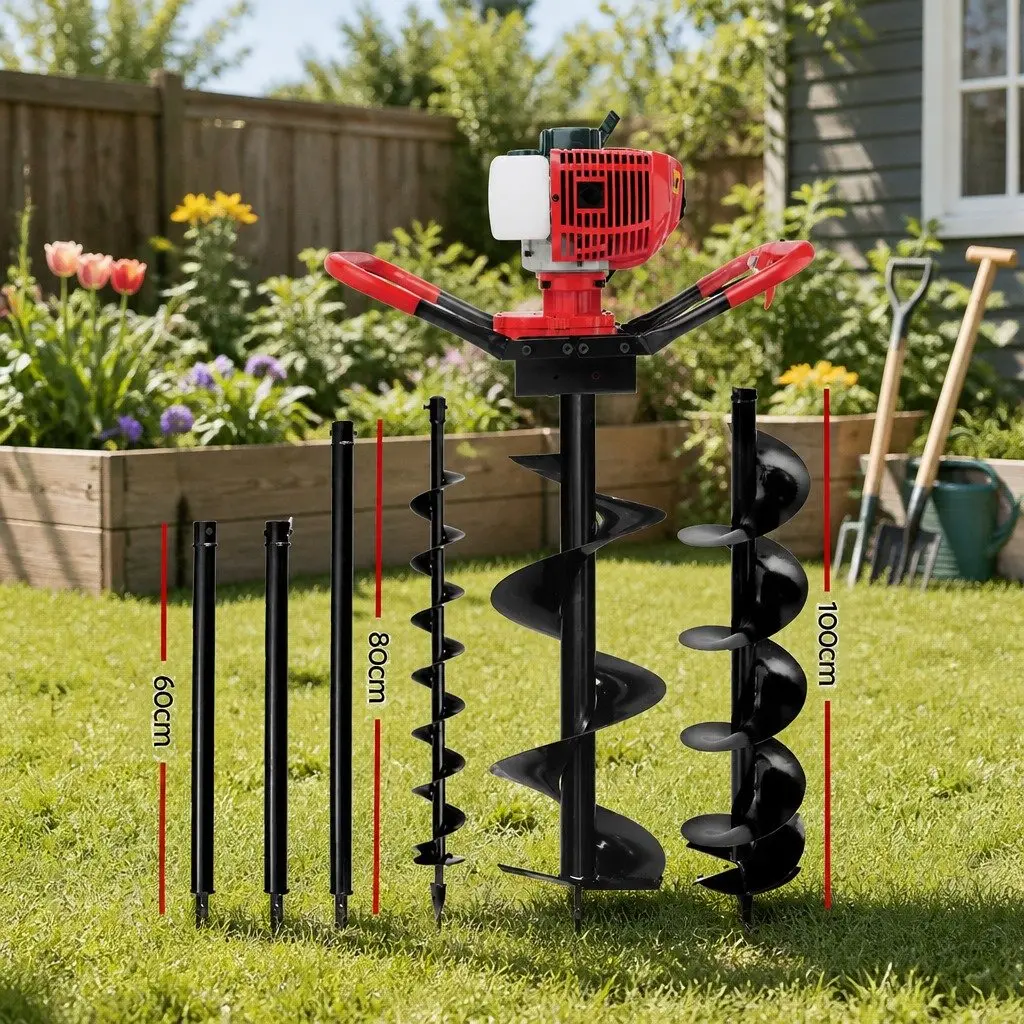 Post Hole Digger Petrol Powered 65cc 2-Stroke Engine with Auger Kit and Extension Red Black