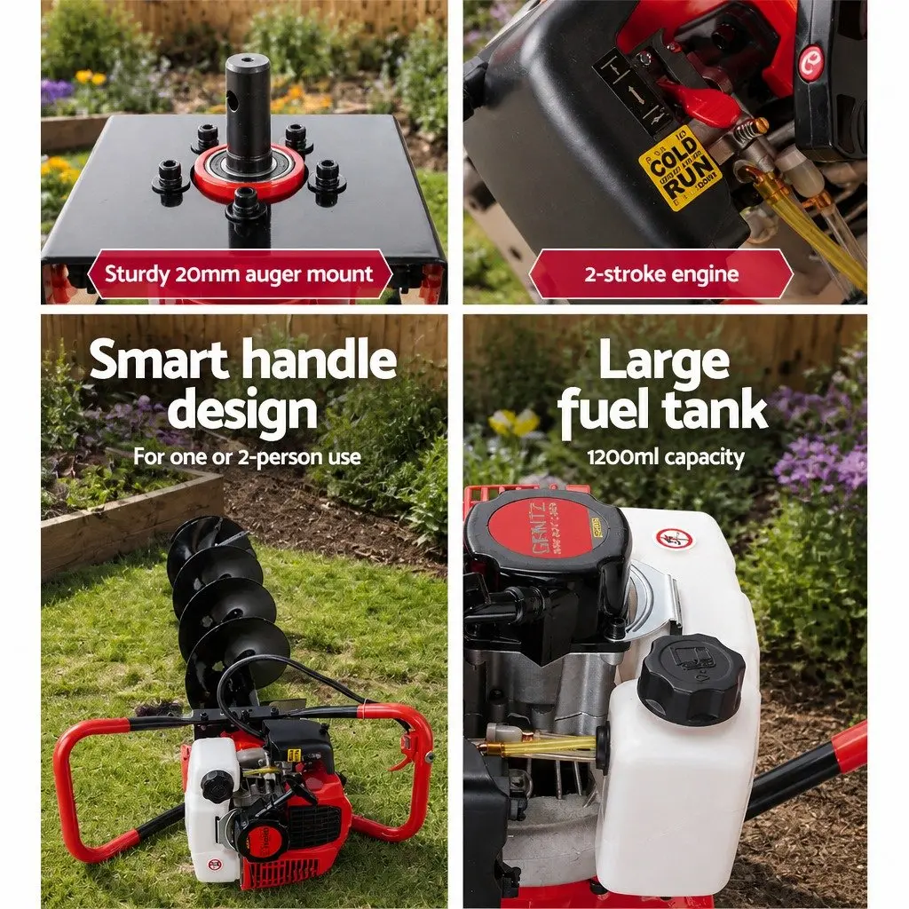 Post Hole Digger Petrol Powered 65cc 2-Stroke Engine with Auger Kit and Extension Red Black